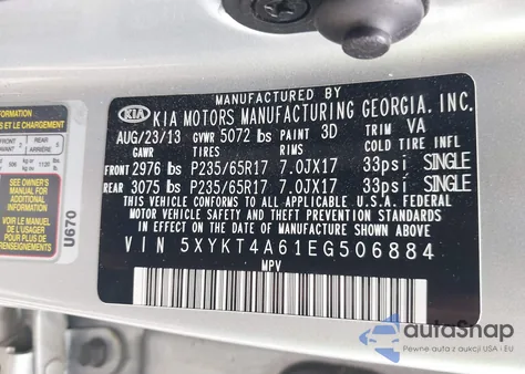 2014 Kia Sorento Lx из США, поврежденный, VIN 5XYKT4A61EG506884